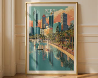 Perth Cityscape Poster Australia Wall Art Sailboats Urban Landscape Print