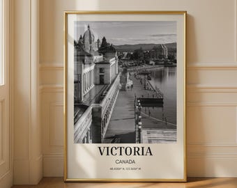 Victoria Canada Black and White Poster, British Columbia Travel Wall Art, Inner Harbor Print, BC City Photography, Canadian Home Decor
