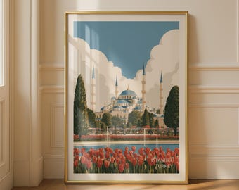 Istanbul Turkey Travel Poster, Blue Mosque Print, Vintage Style Wall Art, Turkish Tulips, Sultan Ahmed Mosque, Middle East Home Decor Gift