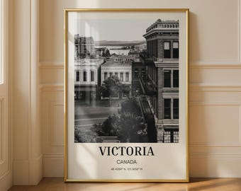 Victoria Canada Black and White Travel Poster, British Columbia City Print, Historic Downtown Wall Art, Vancouver Island Decor Gift