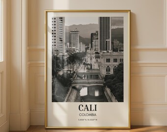 Cali Colombia Black and White City Poster, South America Travel Wall Art Print, Skyline Architecture, River Bridge, Living Room Decor Gift