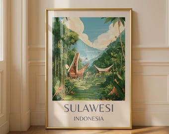 Sulawesi Indonesia Travel Poster, Toraja Village Wall Art, Tropical Rice Terraces Print, Southeast Asia Home Decor, Jungle Illustration