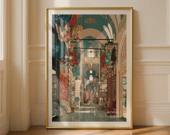 Istanbul Grand Bazaar Poster, Turkey Travel Print, Turkish Market Wall Art, Mosaic Lantern Decor, Teal Red Illustrated City Print