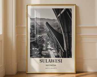 Sulawesi Indonesia Black and White Poster, Toraja Traditional Houses Print, Southeast Asia Travel Wall Art, Monochrome Architecture Decor