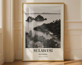 Sulawesi Indonesia Black and White Travel Poster, Island Landscape Wall Art, Tropical Sea Print, Southeast Asia Home Decor, Beach Gift