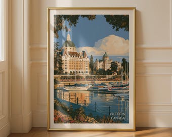 Victoria Canada Travel Poster, Inner Harbor Wall Art, British Columbia Print, Vintage Style Canadian City Sailboat Harbor Illustration