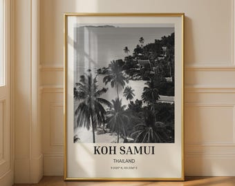 Koh Samui Thailand Black and White Travel Poster, Tropical Beach Palm Tree Wall Art, Thai Island Print, Southeast Asia Home Decor Gift