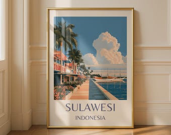 Sulawesi Indonesia Travel Poster, Vintage Style Wall Art, Tropical Harbor Print, Southeast Asia Sailing Boat, Palm Tree Beach Decor