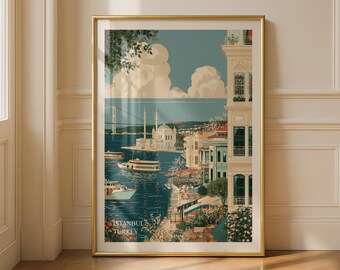 Istanbul Turkey Travel Poster, Bosphorus Ortakoy Mosque Wall Art, Vintage Style City Print, Turkish Home Decor, Europe Travel Gift