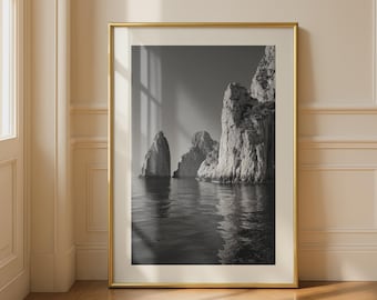 Faraglioni Rocks Capri Print, Black and White Photography Poster, Italian Coast Wall Art, Mediterranean Sea Decor