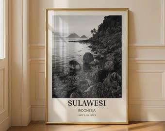 Sulawesi Indonesia Black and White Poster, Volcanic Island Coastal Print, Travel Wall Art, Southeast Asia Photography Print for Home Decor