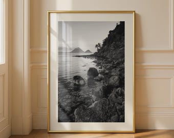 Tropical Volcanic Island Black and White Photography Print, Rocky Coastline Palm Trees Ocean Wall Art, Landscape Poster, Travel Home Decor