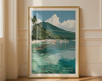 Sulawesi Indonesia Travel Poster, Tropical Beach Wall Art, Vintage Style Print, Palm Tree Coastal Decor, Southeast Asia Gift