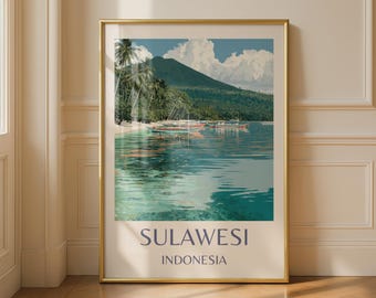 Sulawesi Indonesia Travel Poster, Vintage Style Tropical Beach Wall Art, Southeast Asia Print, Outrigger Boat Coastal Decor, Island Gift