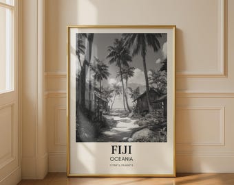 Fiji Oceania Black and White Poster Tropical Landscape Wall Art Print