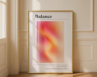 Abstracte muurdecoratie met een inspirerende spreuk en een afbeelding van balans.