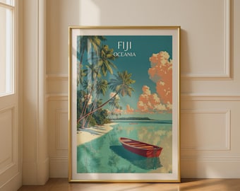 Fiji Oceania Tropical Wall Art Boat Lagoon Palm Trees Beach Print