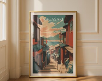 Nagasaki Japan Vintage Travel Poster Wall Art Print Illustration Cityscape