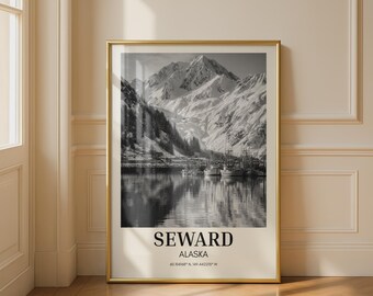Seward Alaska Print, Black and White Harbor Poster, Snow Mountain Wall Art, Fishing Boats, Travel Photography