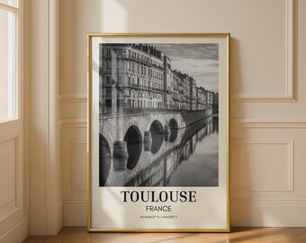 Toulouse Print Black and White Cityscape Poster of Toulouse France with River Reflections