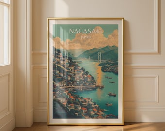 Nagasaki Japan Poster Cityscape Travel Art Print Scenic Landscape Wall Art