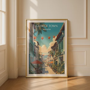 George Town Malaysia Travel Poster, Penang Street Art Print, Vintage Style Asian City Wall Art, Teal Red Tropical Decor