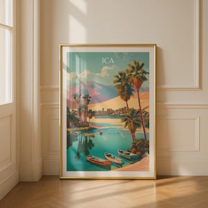 Ica Peru Travel Poster, Huacachina Oasis Wall Art, Vintage South America Print, Teal Desert Landscape