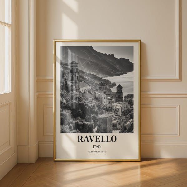 Ravello Italy Travel Poster, Amalfi Coast Black and White Print, Italian Village Wall Art, Travel Photography Decor