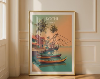 Kochi Travel Poster Vintage Wall Art India Coastal Landscape Print