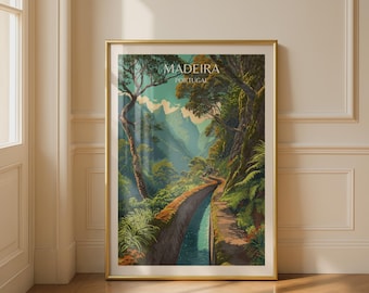 Madeira Portugal Travel Poster, Levada Walk Print, Vintage Style Tropical Landscape Wall Art, Green Nature Illustration