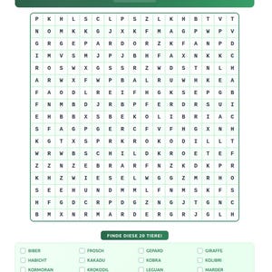 Könnte beinhalten: Ein deutsches Wortsuchrätsel mit dem Titel "WORTSUCHE" und dem Thema "Tiere". Das Raster ist mit Buchstaben gefüllt, darunter eine Liste von 20 Tieren zum Finden. Das Rätsel ist auf weißem Papier gedruckt.