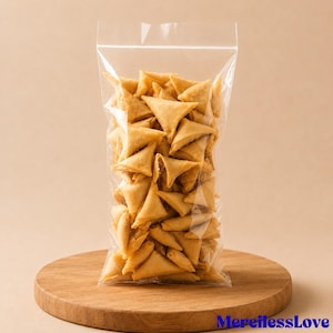 Puede incluir: Una bolsa de plástico transparente llena de numerosos pasteles fritos pequeños, de forma triangular y color marrón dorado. La bolsa está sellada en la parte superior y contiene una gran cantidad de estos bocadillos con textura crujiente.