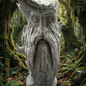 May include: A detailed, gray sculpture of a tree-like face with a long beard and textured surface. The sculpture has a serene expression and is set against a blurred forest background, evoking a mystical theme.