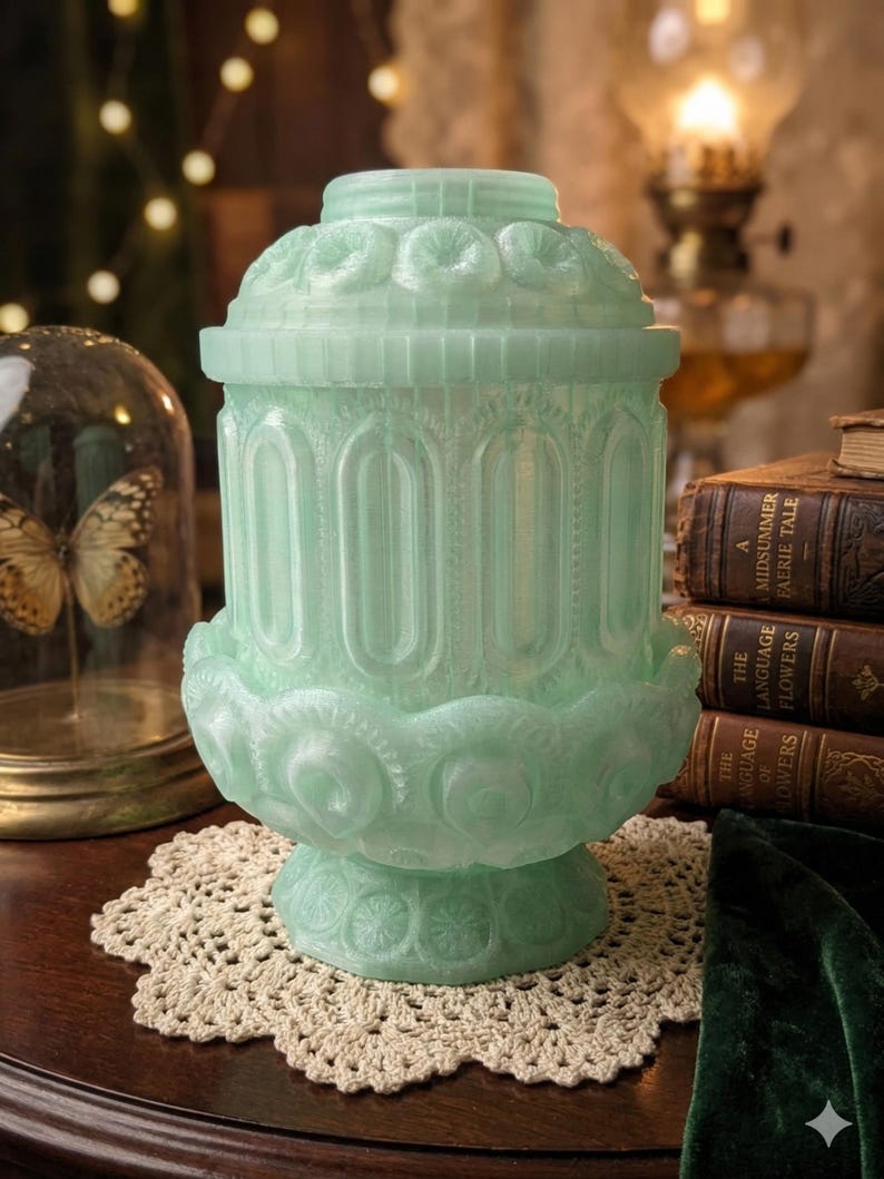 May include: A mint green decorative jar with a lid, featuring intricate floral and arched patterns. The jar sits on a cream-colored, crocheted doily. The jar is approximately 8 inches tall.