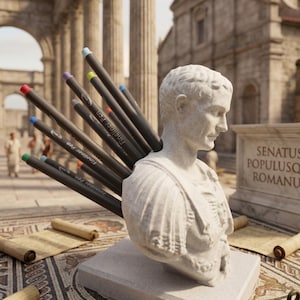May include: A gray stone bust of a Roman emperor holds several black fineliner pens with colored tips. The bust sits on a square base, with rolled scrolls and a mosaic tile floor in the foreground. The background features Roman architecture.