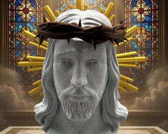 Jesus Christ Bust Statue | Crown of Thorns, Gold Halo, 7" Religious Decor
