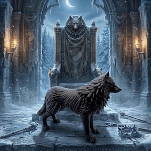 May include: A detailed digital illustration of a wolf statue in a snowy, medieval setting. The wolf stands on a stone platform with carved runes, in front of a throne with wolf carvings. The background features a crescent moon and a forest.