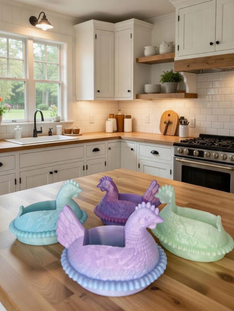 Puede incluir: Una colecci&oacute;n de coloridos portahuevos con forma de gallina en una cocina. Los soportes son en tonos de azul, morado y verde, con dise&ntilde;os detallados de plumas y nidos. Se colocan sobre una encimera de madera.