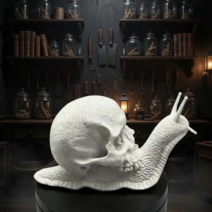 May include: A white sculpture of a snail with a skull-shaped shell. The snail is on a black pedestal, with a dark, vintage-style background featuring shelves of jars and tools.