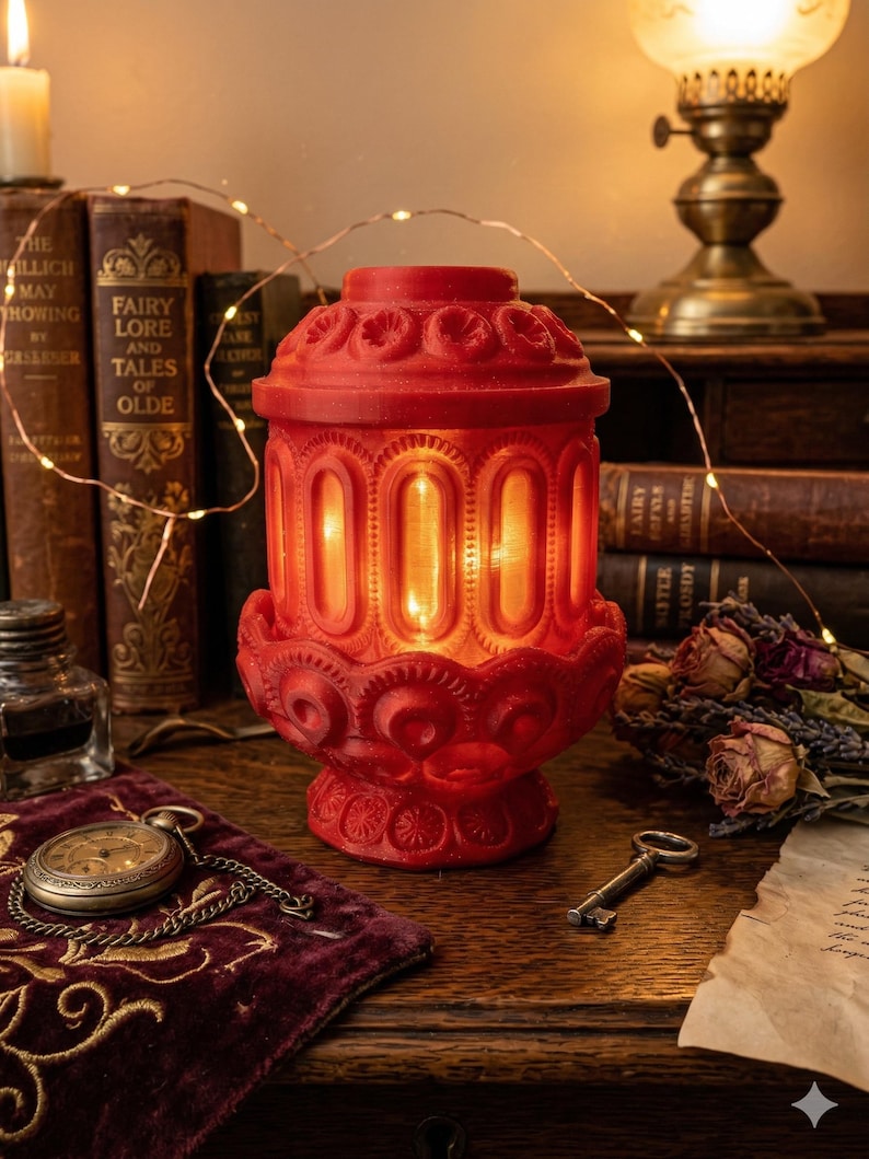 May include: A red, ornate lantern with a decorative base and top, featuring vertical oval windows. The lantern is lit from within, casting a warm glow. The image includes antique books, a pocket watch, and a key, suggesting a vintage or gothic theme.