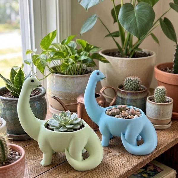 Brontosaurus Planter | 3D Printed Dinosaur Succulent Pot, 4.5 Inch Drop-in Holder