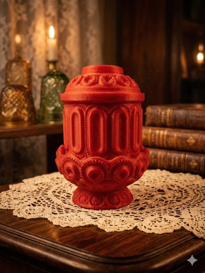 May include: A red, ornate candle holder with a lid, featuring a detailed, repeating pattern of arches and floral designs. The candle holder is placed on a lace doily, with a blurred background of candles and books.