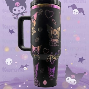 40oz laser engraved kuromi tumbler | holographic goth kawaii cup with handle | sanrio inspired drinkware | edgy cute iced coffee mug