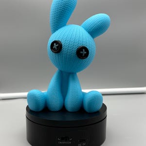 Blue faux knitted bunny figurine – button eyed amigurumi desk decor