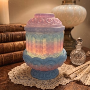 May include: A pastel-colored decorative glass lantern with a lid, featuring a gradient of pink, blue, and yellow hues. The lantern has a detailed, ornate design and sits on a decorative base. The image is set on a wooden surface with antique books and a lace doily.