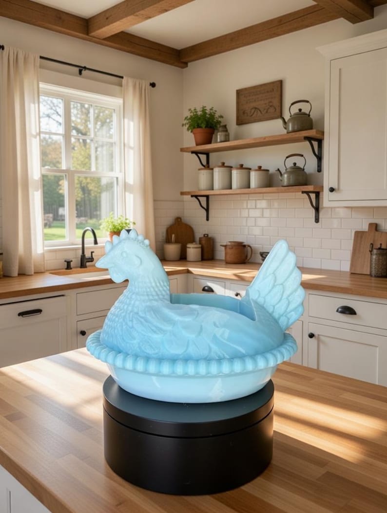 Puede incluir: Un plato azul claro con forma de gallina, probablemente para servir o decorar, est&aacute; sobre un soporte giratorio negro. El plato est&aacute; en un entorno de cocina con encimeras de madera, armarios blancos y una ventana.