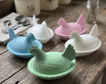 Vintage Mosser Glass Milk Glass Carnival Hen on Nest Dish – USA