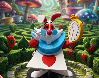 May include: A white rabbit figurine with red eyes and a red nose, wearing a blue collar and a white tunic featuring a red heart. The rabbit holds a yellow pocket watch with black numbers and red hands, standing on a circular black base.