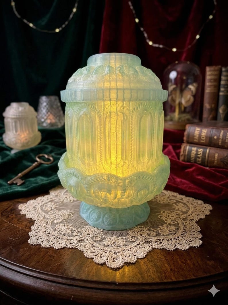 May include: A light blue, ornate glass lantern with a warm yellow glow. The lantern features a detailed architectural design and sits on a matching base. It is placed on a white lace doily, suggesting a vintage or antique aesthetic.