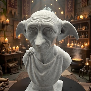 House Elf Bust | Marble-Look Desktop Statue, Wizard Bookshelf Figurine